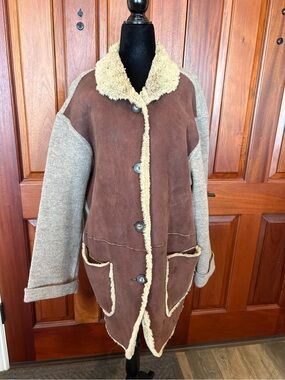 Searle Shearling Wool & Suede Coat Mens Medium Brown Reversible Western Vintage